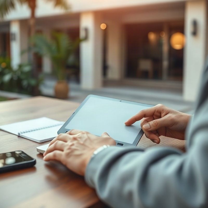 Mãos configurando aplicativos em notebook, celular ao lado e anotações de etapas